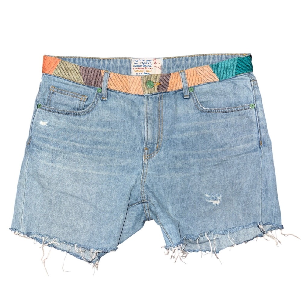 Sandrine Rose Patchwork Embroidered Distressed Denim Shorts Cutoffs Boho